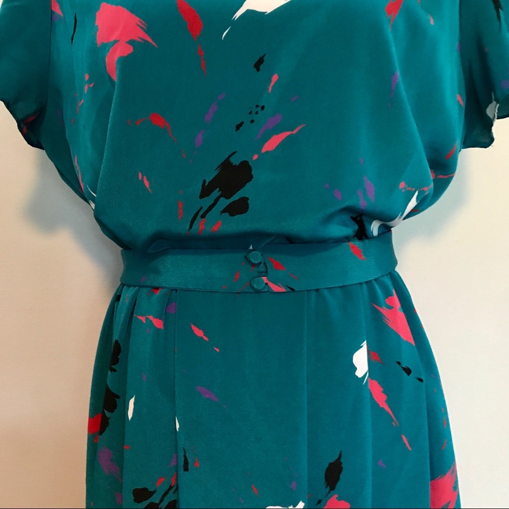 Authentic vintage 80’s teal paint strokes dress XL - Picture 2 of 5